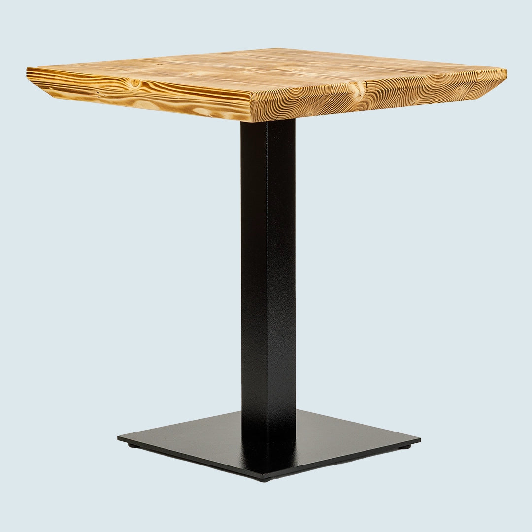 Gastro-Tisch "Mahlzeit" aus Massivholz - geflammt, Schweizer Kante, Metallgestell