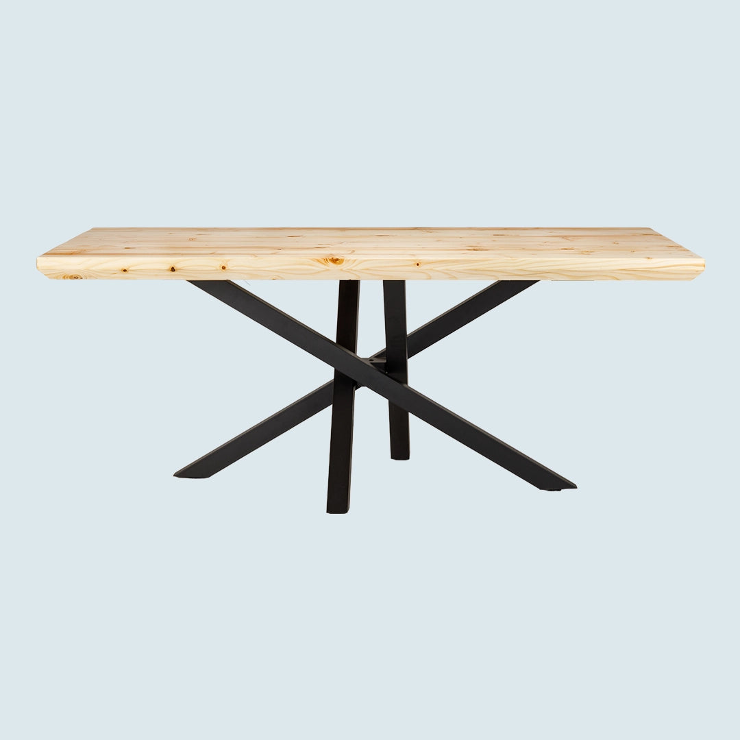 Heller Esstisch mit Schweizer Tischkante und Metallgestell - Seitenansicht