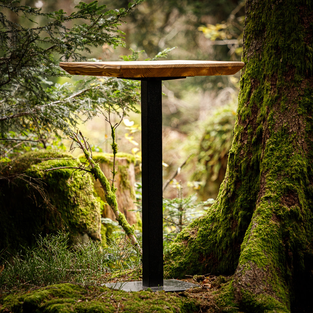 Geflammter Gastro-Stehtisch mit Metallgestell, der im Wald steht