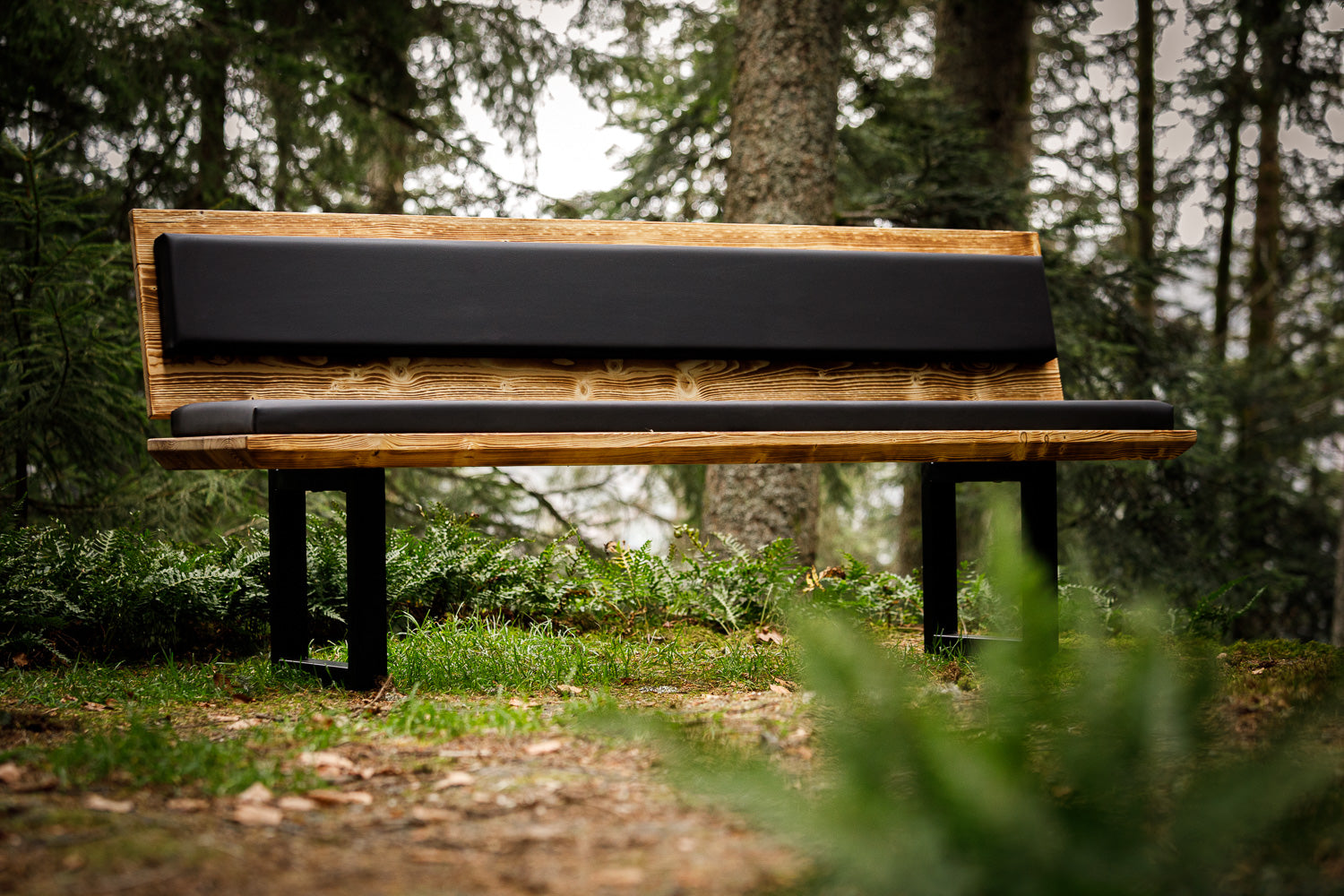 Geflammte Massivholz-Bank mit Rückenlehne und schwarzem Polster, die im Wald steht